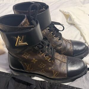 Louis Vuitton Brown Monogram & Black Leather Ankle Boots